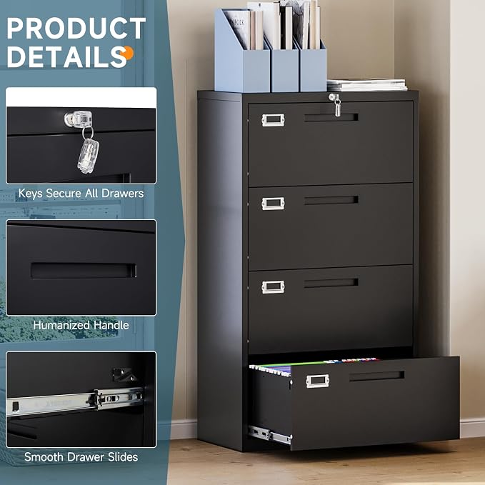 MIIIKO 4 Drawer Lateral File Cabinet with Lock, Black Lateral Filing Cabinets, Metal Storage File Cabinets for Hanging Files Letter/Legal/F4/A4 Size