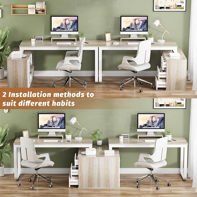 MaverickFurni 55" L Shaped Desk with Drawers and Shelves, Home Office Desk with Monitor Stand for Work Writing Study, Reversible Corner Desk with Storage, White and Walnut