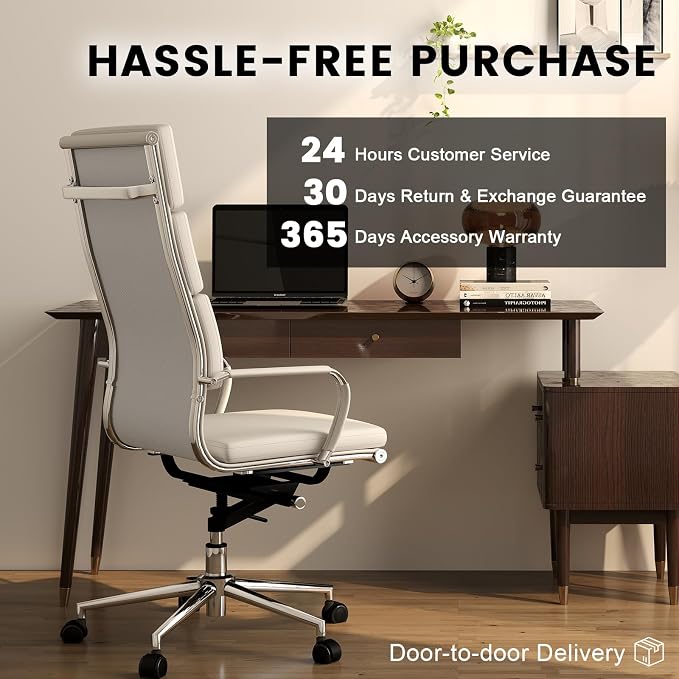 GTPOFFICE Ribbed Office Desk Chair High Back Ergonomic Chair with Wheels Cute Modern Executive Chair Bonded Leather Lumbar Support Computer Chair Swivel Tilt, Snow White