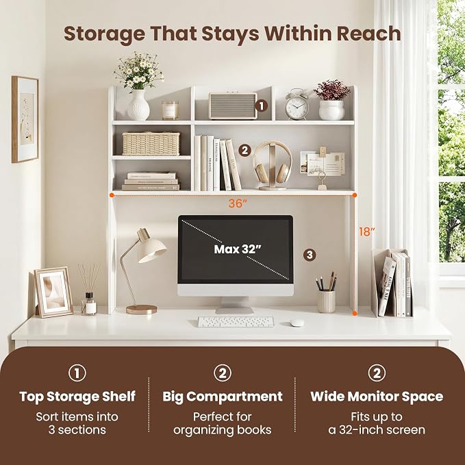 LDAILY 3-Tier Desktop Bookshelf, Wooden Desk Hutch for Computer Monitor Up to 32 Inch, Desk Organizer Shelf with Adjustable Shelf & 6 Storage Shelves, Desk Display Rack for Home Office Dorm (White)