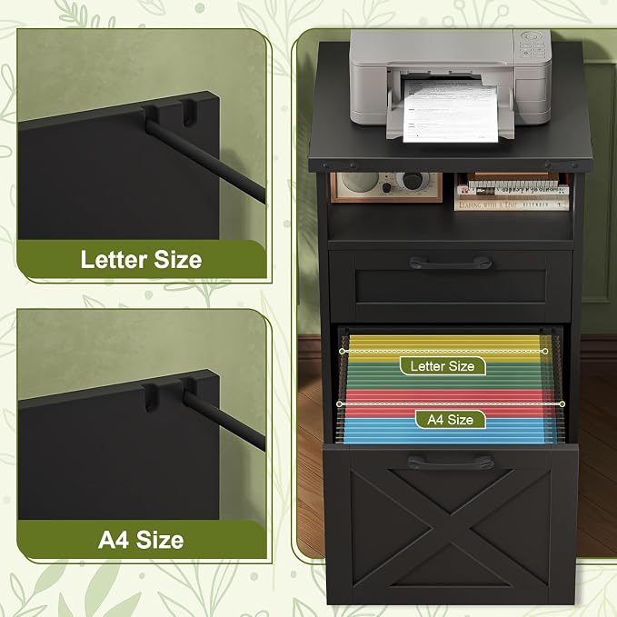 Farmhouse Filing Cabinet with Open Storage Space & Wheels, Office Filing Vertical Cabinet with 2 Drawers, Printer Stand for Hanging Files Letter/A4, Under Desk Storage Cabinets for Home Office.Black