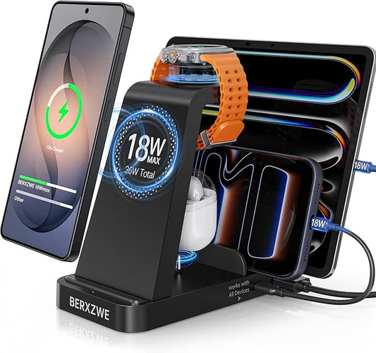 Black 4-device charging stand with smartphone, watch, and earbuds on a white background
