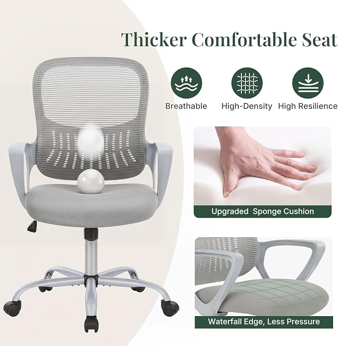 Home Office Desk Chair, Ergonomic Mid-Back Mesh Computer Task Chair with Comfortable Lumbar Support, Height Adjustable Swivel with Fixed Armrest for Adults, Student, Grey