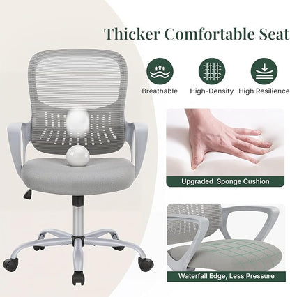 Home Office Desk Chair, Ergonomic Mid-Back Mesh Computer Task Chair with Comfortable Lumbar Support, Height Adjustable Swivel with Fixed Armrest for Adults, Student, Grey