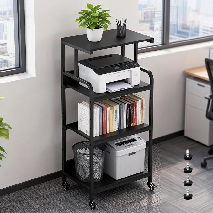Black 4 Tier Adjustable Shelf Mobile Printer Stand Rolling Storage Cart | Space saving design fits small home office spaces supports scanner cricut heat press fax machine and other office equipment