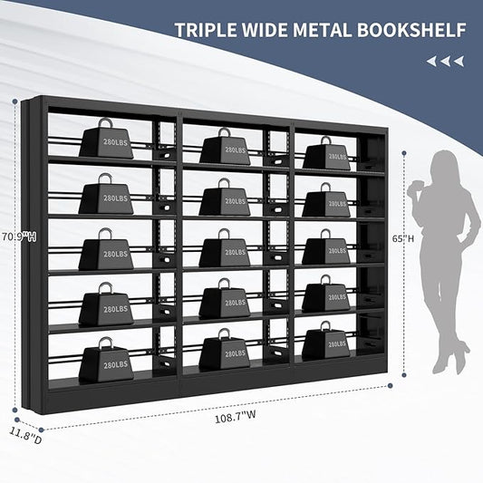 71" Expandable Combination Metal Bookshelf,5 Tier Library Bookcase with Adjustable Shelves,Heavy Duty Bookshelves and Bookcases,Modern Book Shelf Tall Book Case/Shelves (108.3" W, Black)