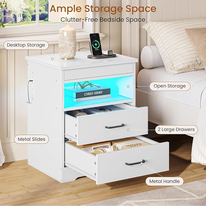 DICTAC Nightstand with Charging Station and LED Lights, Bedside Table with Lockable Sliding Desktop, Modern Night Stand with Storage Drawers and Open Shelf, End Side Table for Bedroom, Home Office