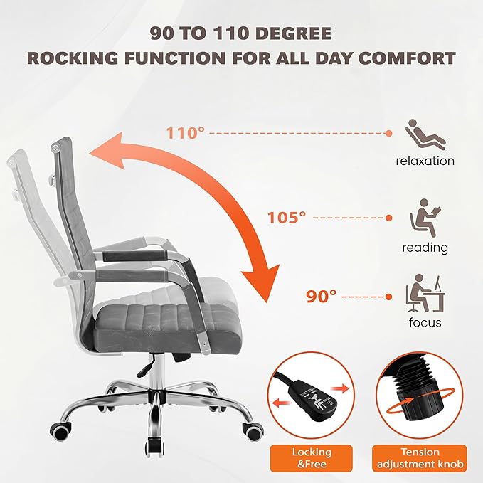 Furmax Ergonomic Office Desk Chair, Executive Ribbed Mid-Back PU Leather Conference Room Chair Adjustable Swivel Chair with Arms (4, Bicolor Vintage Grey)