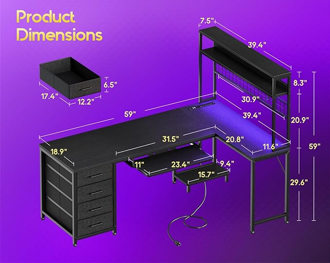AODK 59 Inch L Shaped Desk with 4 Drawers, Gaming Desk with Led Lights & Power Outlets, Computer Desk with Pegboard & Keyboard Tray, Reverisble Home Office Desk with Storage Shelves & CPU Stand, Black
