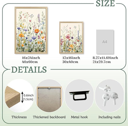 LLEEMPI Watercolor Floral Wall Art Set of 3, Colorful Wildflower Wall Decor, Modern Abstract Botanical Canvas Painting, Rustic Farmhouse Poster Print for Bedroom Bathroom Office Wood Framed 16x24 Inch