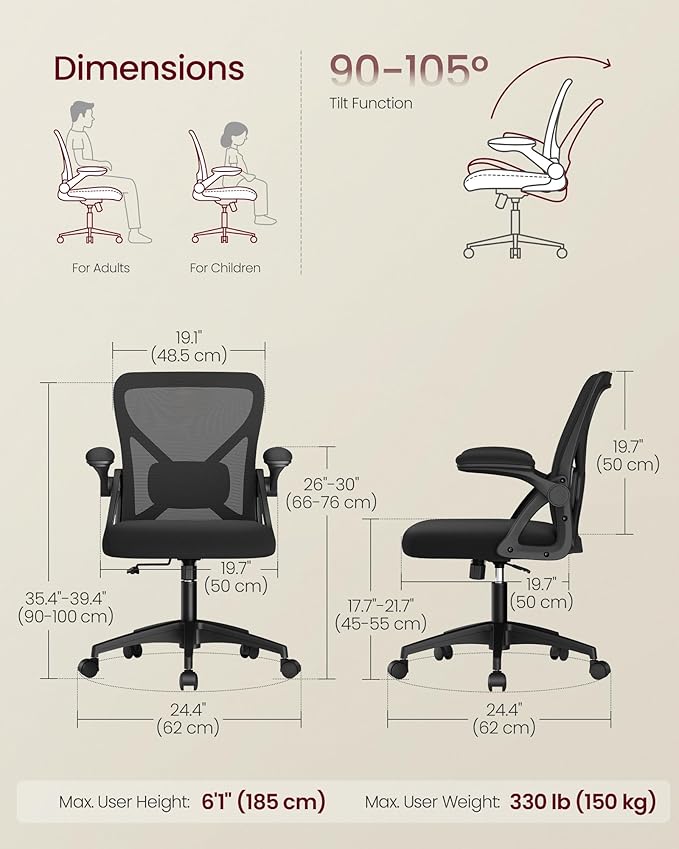 VASAGLE Ergonomic Mesh Office Chairs with Adjustable Lumbar Support, 90-105° Tilt Function, Wide Seat, Flip‑Up Armrests, Computer Desk Chairs for Home Office, Set of 2, Ink Black