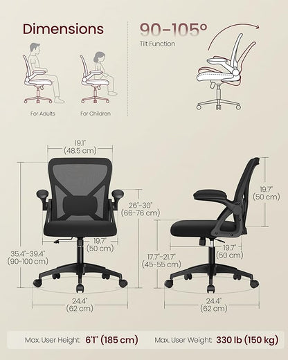 VASAGLE Ergonomic Mesh Office Chairs with Adjustable Lumbar Support, 90-105° Tilt Function, Wide Seat, Flip‑Up Armrests, Computer Desk Chairs for Home Office, Set of 2, Ink Black