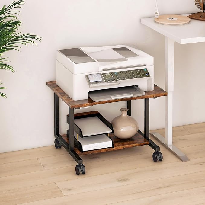Livofloral Under Desk Printer Stand with Storage Shelf, 2-Tier Industrial Mobile Printer Table for Home and Office, Printer Stand with Wheels,Rustic Brown