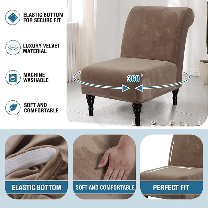 H.VERSAILTEX Armless Accent Chair Covers Thick Velvet Armless Chair Slipcovers High Stretch Chair Covers for Living Room Hotel Machine Washable Furniture Protector with Elastic Bottom, Camel