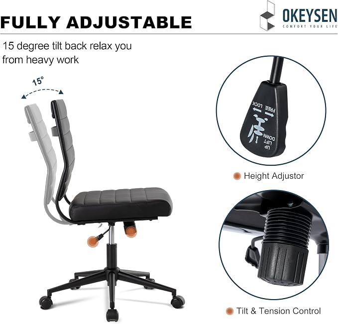 Okeysen Office Desk Chair No Arms, Mid Back Ergonomic Swivel Black Armless Conference Room Chairs, Adjustable Height PU Leather Home Desk Chair, Modern Small Rolling Computer Task Chair