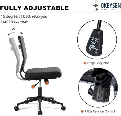 Okeysen Office Desk Chair No Arms, Mid Back Ergonomic Swivel Black Armless Conference Room Chairs, Adjustable Height PU Leather Home Desk Chair, Modern Small Rolling Computer Task Chair