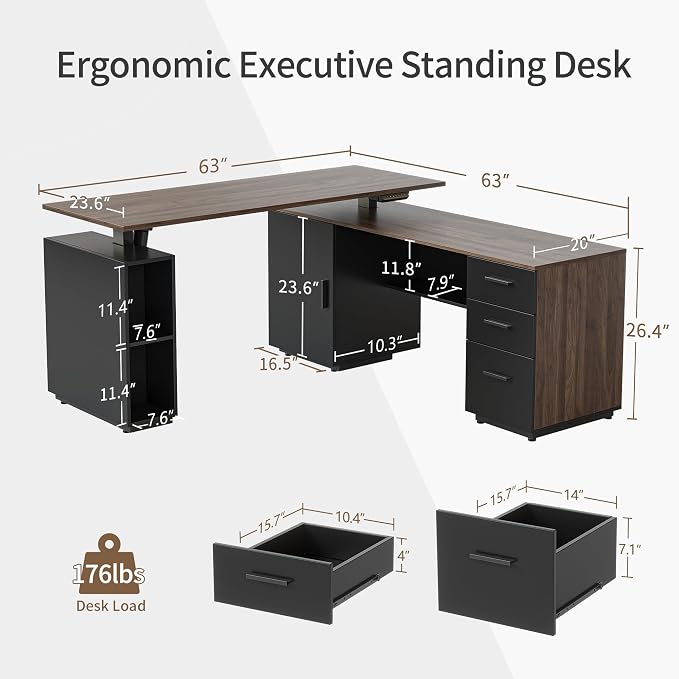 FEZIBO L Shaped Standing Desk, 63 inch Executive Standing Desk, Adjustable Height Desk with Storage Drawers for Home Office, Deep Wood Grainy