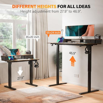 Electric Standing Desk with Two Drawers,48 x 24 Inch Sit Stand Desk Adjustable Height, Stand Up Desk with Storage Shelf, Computer Workstation for Home Office, Rustic Brown