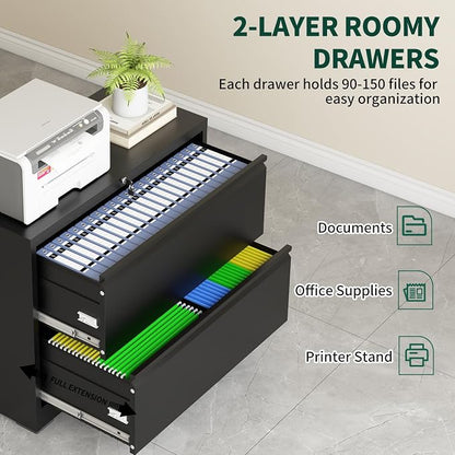 2 Drawer Lateral File Cabinet, Metal File Cabinets for Home Office Legal/Letter A4 Size, File Cabinet with 2 Drawer Storage Cabinet, Require Assembly, Black