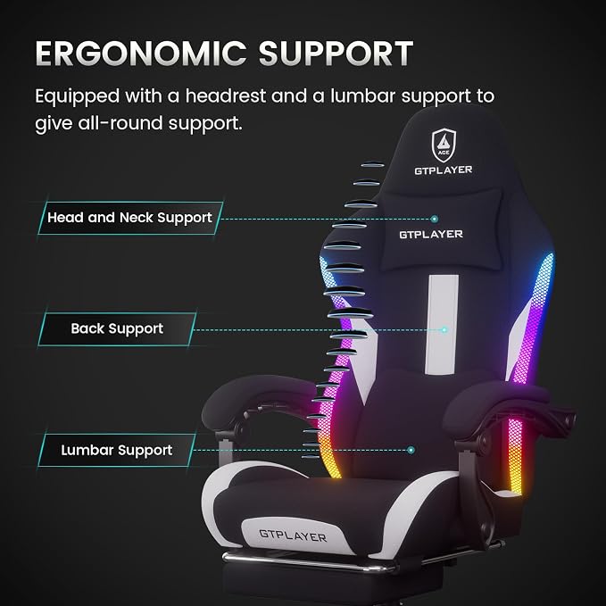 GTPLAYER RGB Gaming Chair with Footrest, LED Lights, Ergonomic Computer Chair with Linkage Armrest, Breathable Fabric for Home Office Desk - Video Game Chairs for Adults, Warm Red
