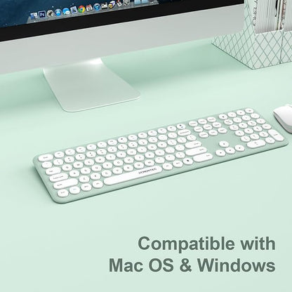 2.4GHz Full Size XTREMTEC Wireless Keyboard and Mouse Combo,Ultra Slim Silent Cute Aesthetic Retro Round Keycap,Cordless Quiet Green Keyboard and Mouse Wireless for Windows,Mac OS (Macaron Green)
