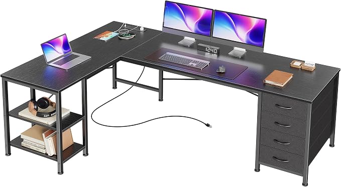 Huuger 55 Inch L Shaped Desk with Fabric Drawers, Reversible Computer Gaming Desk with Power Outlets and USB-C Port, Adjustable Side Storage Shelves, for Work Study Corner Home Office, Black