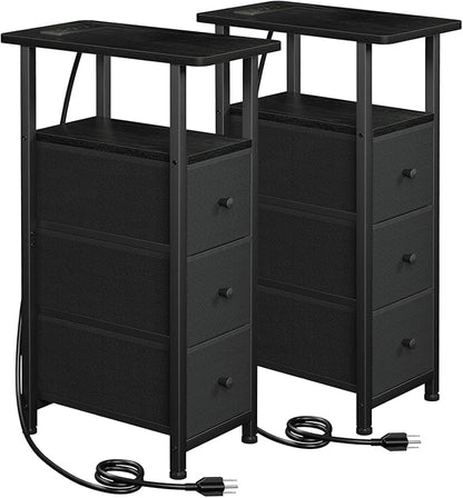 LOAKEKEL Narrow End Tables Living Room Set of 2 with Charging Station, Skinny Side Table with Fabric Drawers, Slim Nightstand for Bedroom, Small Spaces, Couch, Black, HETNDP03BK