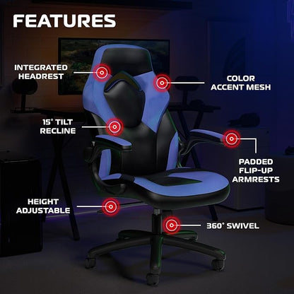 RESPAWN 3085 Ergonomic Gaming Chair for Adults, High Back Office Chair with Headrest and Flip Up Arms, Leather Racing Style Gaming Seat with Lumbar Support, Video Game Computer Desk Seat - Blue
