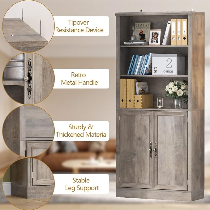Thacuok 72'' Tall Bookcase with Doors, Adjustable Shelves, P2 MDF Construction, 32'' Wide Freestanding Cabinet with Metal Handles, Hidden Storage for Living Room, Bedroom