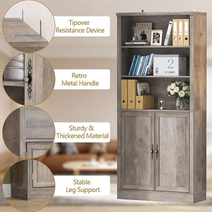 Thacuok 72'' Tall Bookcase with Doors, Adjustable Shelves, P2 MDF Construction, 32'' Wide Freestanding Cabinet with Metal Handles, Hidden Storage for Living Room, Bedroom