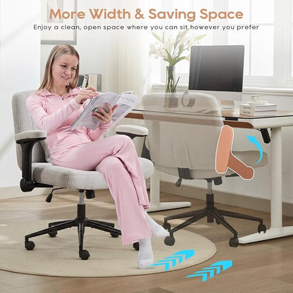 IPKIG Criss Cross Chair with Adjustable Flip-up Arms, Vanity Chair with Wheels, Comfy Desk Chair with Lumbar Pillow Swivel Wide Office Chair for Home Office, Bedroom, Chenille, Light Grey