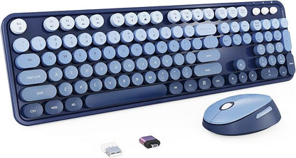 Nowlike Wireless Keyboard and Mouse Combo, Retro Typewriter Keyboard with Round Keycaps, Full-Size Ergonomic, Blue, Ideal for Windows PC, Home, Office, and College, Wireless Keyboard Mouse Combo