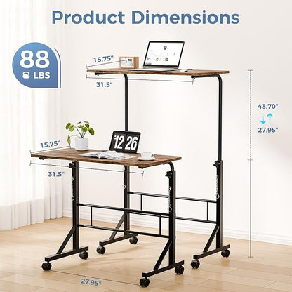 DUMOS 31.5" Walking Pad Desk, Portable Adjustable Height Rolling Laptop Desk with Lockable Wheels, Mobile Stand Up Computer Workstation for Treadmill Home Office Rustic Brown