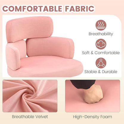 Home Office Chair with Unique Curved Back, Cute Pink Upholstered Wide Seat Desk Chair with Wheels,Swivel Tilt & Height Adjustable, Plush Velvet Fabric Matel Base for Home Office Vanity, Pink