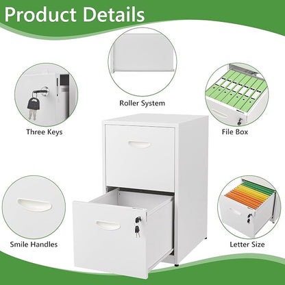 2 Drawer File Cabinet with Lock,White Small Filing Cabinet for Home Office, Metal Vertical File Under Desk Cabinets for A4/Letter,Assembly Required