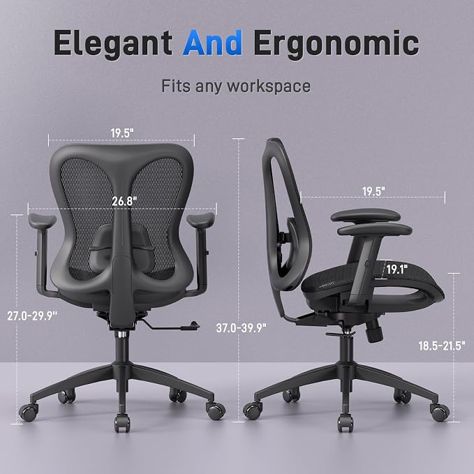 amseatec Ergonomic Office Desk Chair, Comfortable Computer Gaming Chair, Breathable Mesh Back & Seat, Adjustable Armrest, Lumbar Support, Butterfly Design for Home Office (Black)