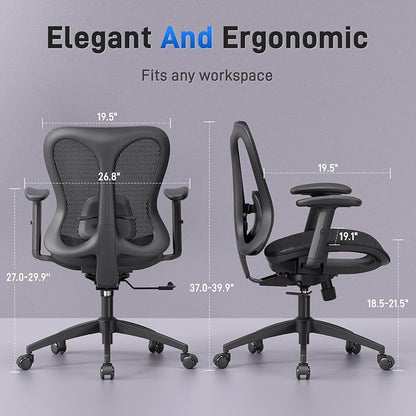 amseatec Ergonomic Office Desk Chair, Comfortable Computer Gaming Chair, Breathable Mesh Back & Seat, Adjustable Armrest, Lumbar Support, Butterfly Design for Home Office (Black)