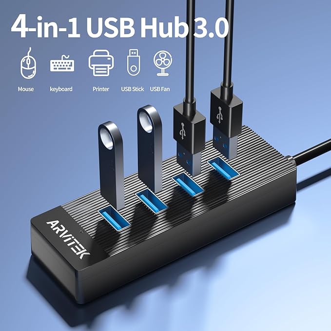 10Ft 4-Port USB 3.0 Hub Long Cable for PC, USB Extender Hub 5Gbps, USB Multiport Adapter, USB Splitter w/Long Cable for Desktop, Laptop, Flash Drive, Mobile HDD, USB Fan (10 Foot / 3m)