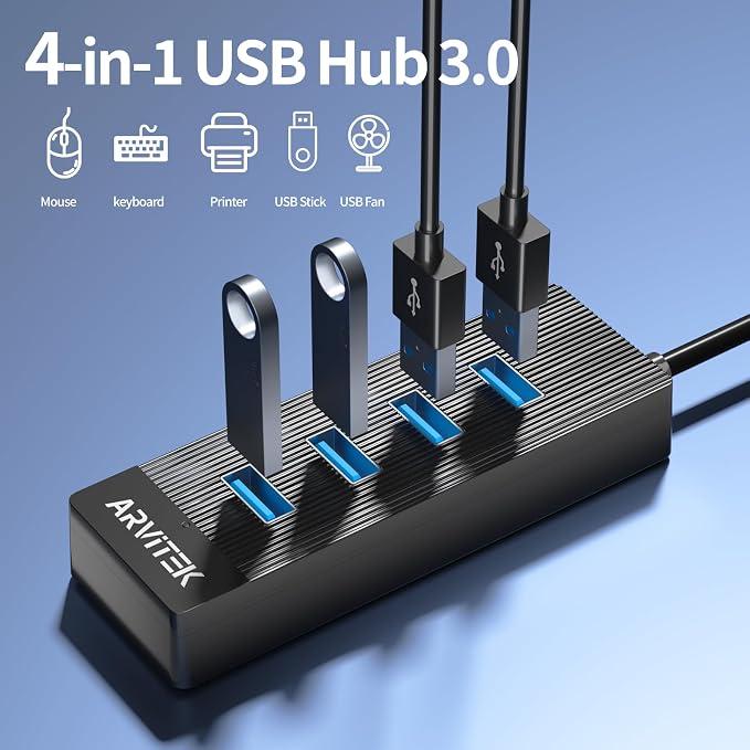 4-Port USB 3.0 Hub for Desktop, USB Extender Hub 5Gbps, USB Multiport Adapter, USB Splitter w/5Ft Long Cable for Desktop, PC, Flash Drive, Mobile HDD (5Ft/1.5m)