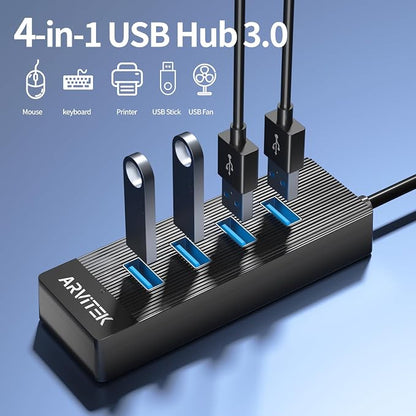 4-Port USB 3.0 Hub for Desktop, USB Extender Hub 5Gbps, USB Multiport Adapter, USB Splitter w/5Ft Long Cable for Desktop, PC, Flash Drive, Mobile HDD (5Ft/1.5m)