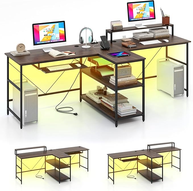 Tangkula 2-Person Reversible Computer Desk with LED Lights, 94.5” Long Office Desk with Power Outlets, Monitor Stand, Keyboard Tray & 2 Storage Shelves, Double Desk for Gaming Working Writing (Walnut)