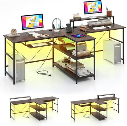 Tangkula 2-Person Reversible Computer Desk with LED Lights, 94.5” Long Office Desk with Power Outlets, Monitor Stand, Keyboard Tray & 2 Storage Shelves, Double Desk for Gaming Working Writing (Walnut)