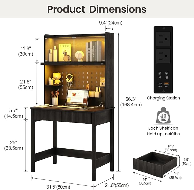 Lvifur 31.5" Small Natural Desk with - Glass Doors,Computer Desk w/Charging Station and LED Reading Lights,Compact Study Desk with Drawers,Writing Home Office Desks for Small Spaces Bedroom