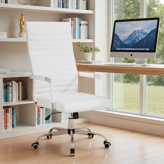 Shahoo Ribbed Office Chair, High-Back PU Leather Office Chair Executive Task Chair with 360° Swivel Wheels for Conference Room, Home Offices (White)