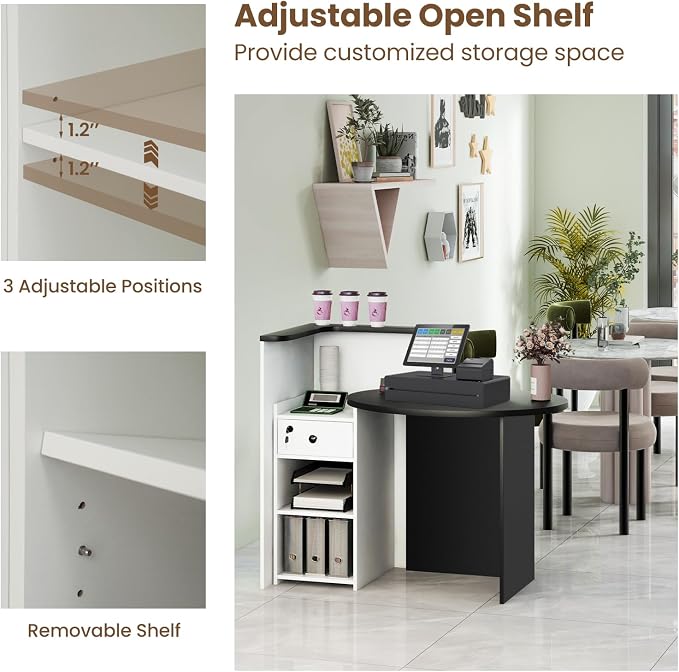 Giantex Reception Desk, Front Counter Desk with Lockable Drawer, Checkout Table with Round Tabletop, Corner Shelf & Adjustable Shelf for Office Beauty Salon Retail Store (White & Black)