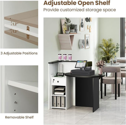 Giantex Reception Desk, Front Counter Desk with Lockable Drawer, Checkout Table with Round Tabletop, Corner Shelf & Adjustable Shelf for Office Beauty Salon Retail Store (White & Black)