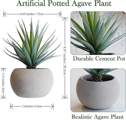 Jahe Artificial Plants Indoor, Matte Pot Mini Artificial Plants Agave, 8.07 in Faux Agave Plant UV Resistant Gray Cement Pot, Perfect for Living Room Bathroom Study Desk Decor, Ideal as a Gift, 1 Pcs