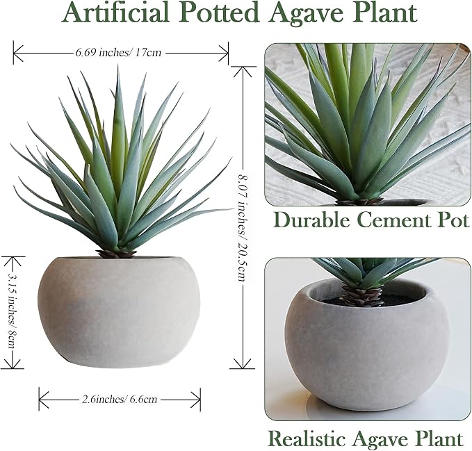 Jahe Agave Artificial Plants, Matte Pot Mini Artificial Plants Indoor, 8.07 in Faux Agave Plant UV Resistant Gray Cement Pot, Perfect for Bathroom Living Room Study Desk Decor, Ideal as a Gift, 2 Pcs