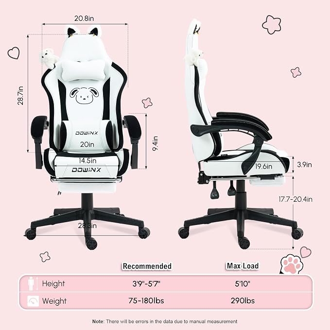 Dowinx Gaming Chair with Cat Ears and Massage Lumbar Support, Ergonomic Computer Chair with Footrest and Headrest, Comfortable Reclining Game Chair 290lbs for Adults, Black White
