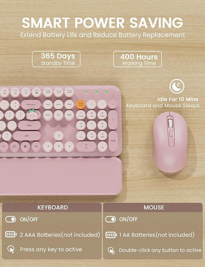Wireless Keyboard and Mouse Combo, Typewriter Keyboard with Detachable Wrist Rest, Full-Size Retro Round Keycaps, Smart-Sleep, 2.4GHz Stable Connection for Mac/Windows/PC, Trueque(Dusty Rose)